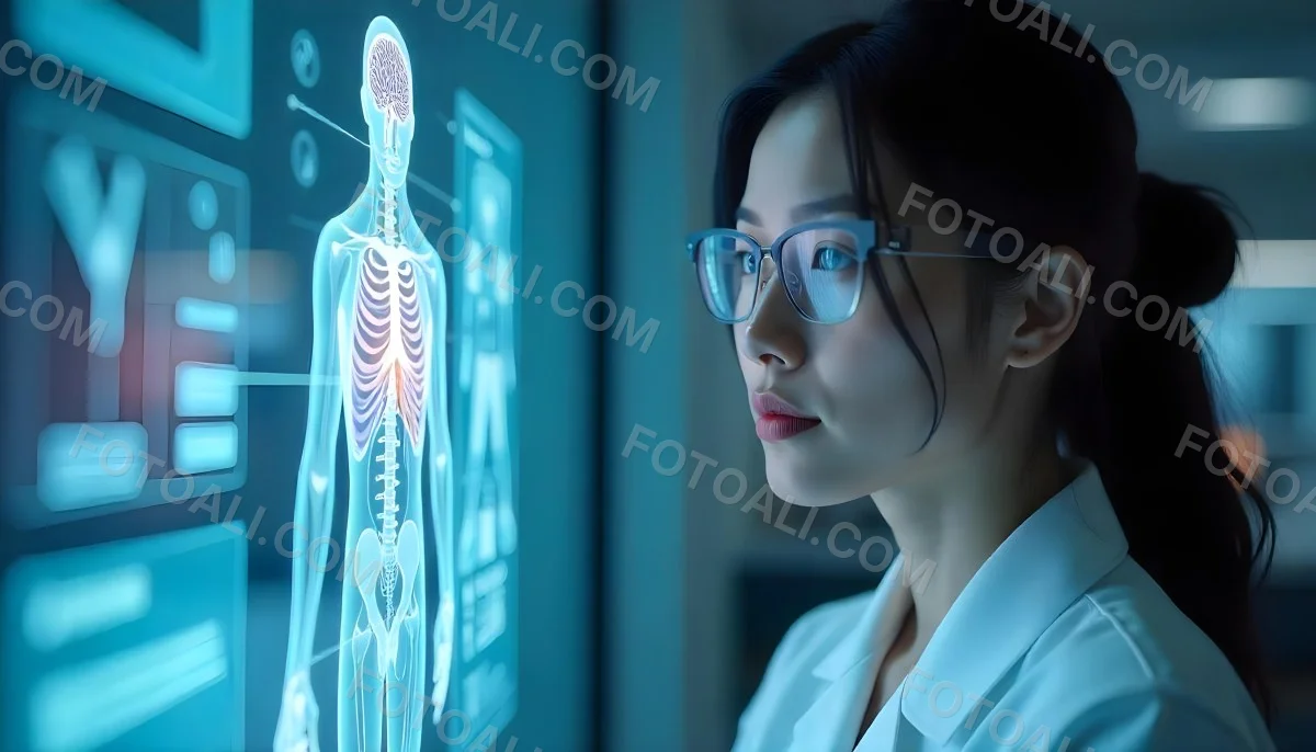 An Asian Woman 28 Years Old Black Hair Wearing Futuristic Glasses Looking At A Hologram With A Human Body Dna And Brain In A Laboratory 7 6537