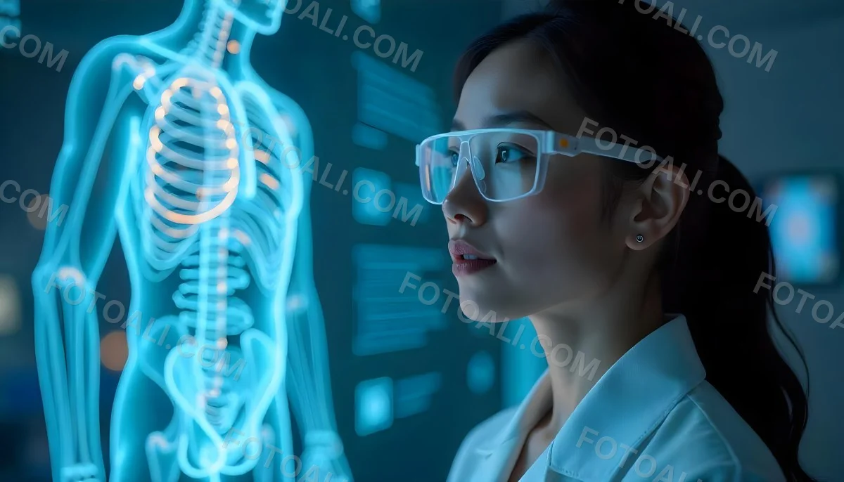 An Asian Woman 28 Years Old Black Hair Wearing Futuristic Glasses Looking At A Hologram With A Human Body Dna And Brain In A Laboratory 8 9d6d