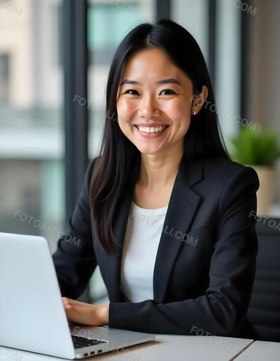 An Asian Woman 28 Years Old With Black Hair Wearing A Suit And Smiling In Front Of A Laptop In A Office 10 A77b