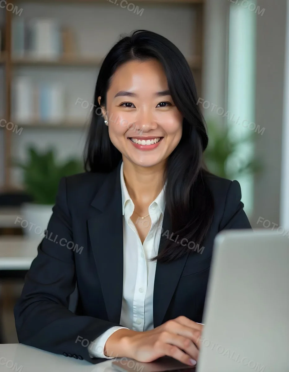An Asian Woman 28 Years Old With Black Hair Wearing A Suit And Smiling In Front Of A Laptop In A Office 13 2a10