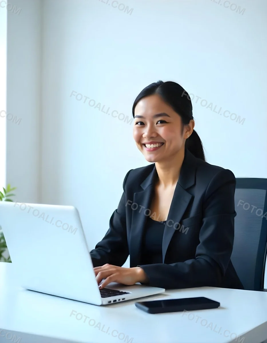 An Asian Woman 28 Years Old With Black Hair Wearing A Suit And Smiling In Front Of A Laptop In A Office 14 2d24