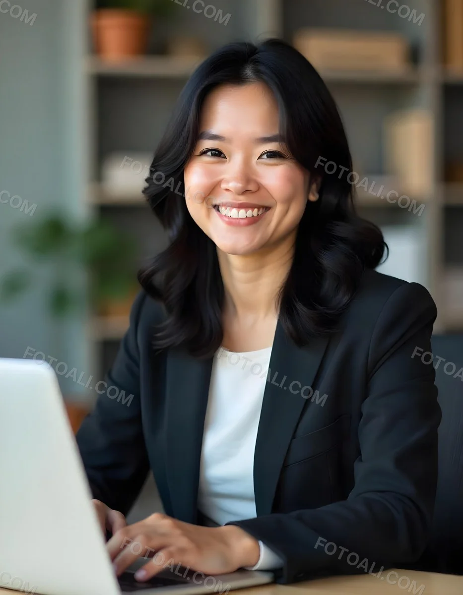 An Asian Woman 28 Years Old With Black Hair Wearing A Suit And Smiling In Front Of A Laptop In A Office 15 2dbd