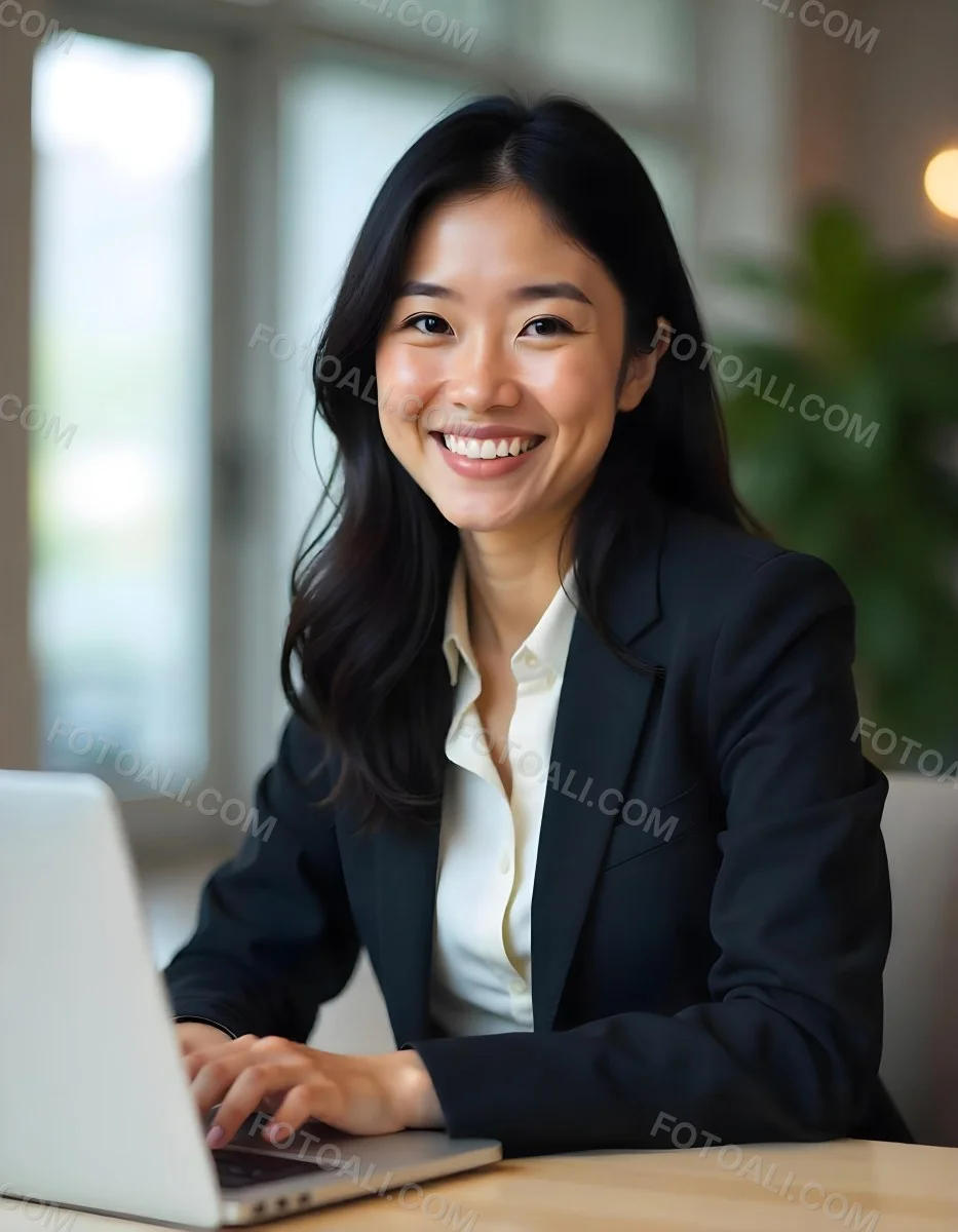 An Asian Woman 28 Years Old With Black Hair Wearing A Suit And Smiling In Front Of A Laptop In A Office 17 85c1