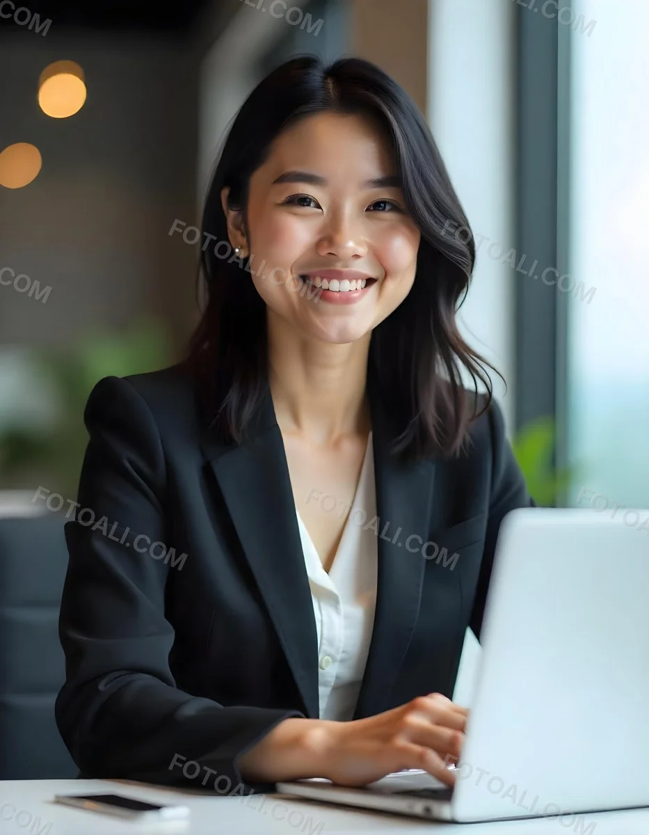 An Asian Woman 28 Years Old With Black Hair Wearing A Suit And Smiling In Front Of A Laptop In A Office 18 527e