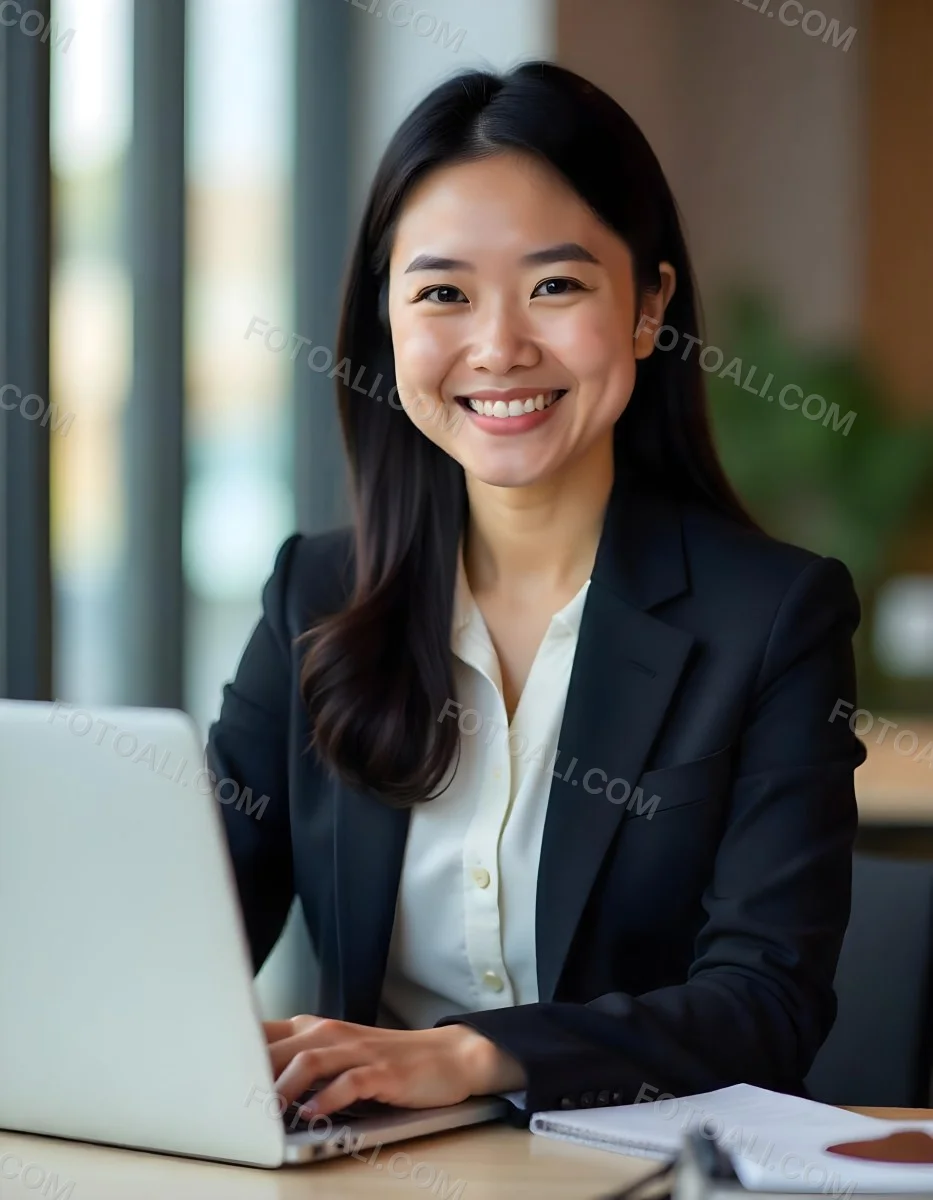 An Asian Woman 28 Years Old With Black Hair Wearing A Suit And Smiling In Front Of A Laptop In A Office 20 8d8a