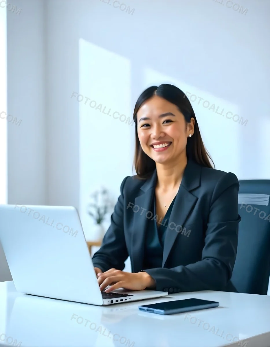 An Asian Woman 28 Years Old With Black Hair Wearing A Suit And Smiling In Front Of A Laptop In A Office 3 E52a