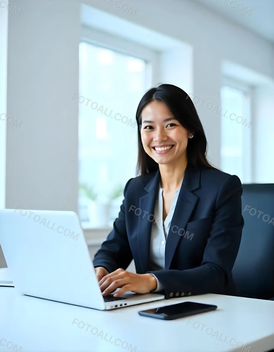 An Asian Woman 28 Years Old With Black Hair Wearing A Suit And Smiling In Front Of A Laptop In A Office 4 4778