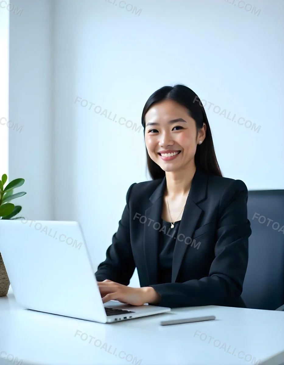 An Asian Woman 28 Years Old With Black Hair Wearing A Suit And Smiling In Front Of A Laptop In A Office 5 E76e