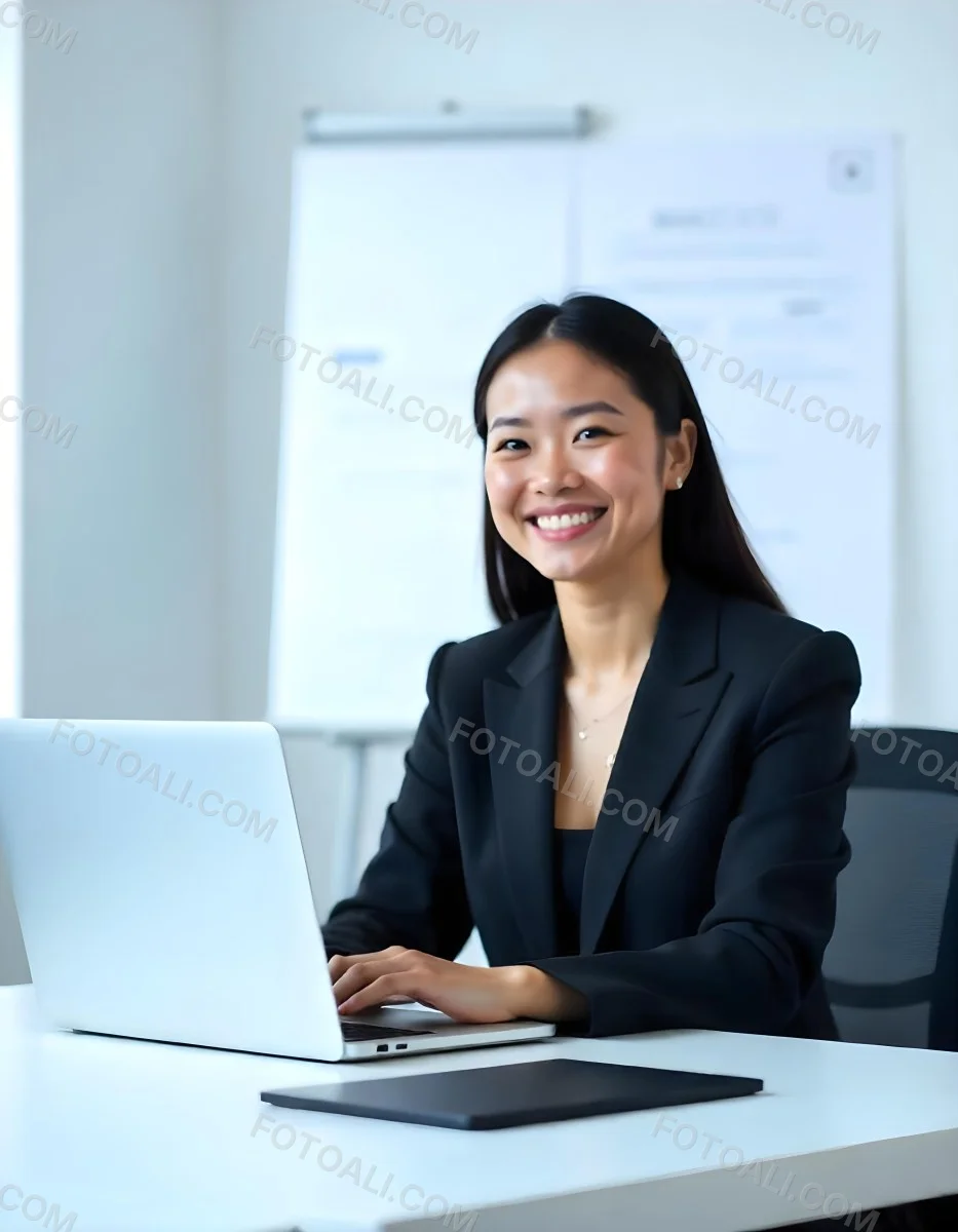 An Asian Woman 28 Years Old With Black Hair Wearing A Suit And Smiling In Front Of A Laptop In A Office 6 147c