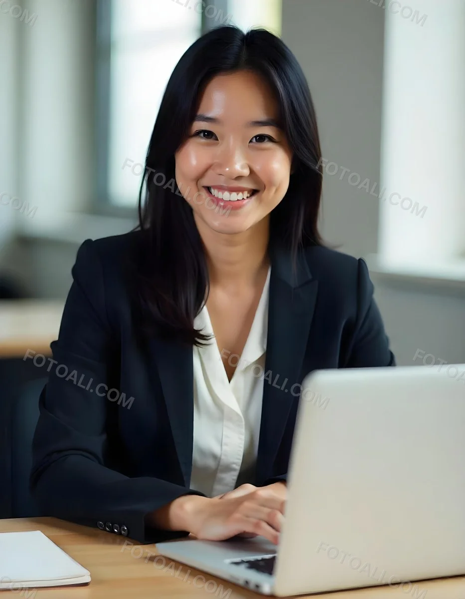 An Asian Woman 28 Years Old With Black Hair Wearing A Suit And Smiling In Front Of A Laptop In A Office 9 2c5c