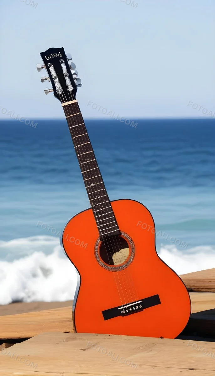An Black Acoustic Guitar With A Orange Capo On A Wooden Surface With A Blue Sea In The Background 31 7002 1469