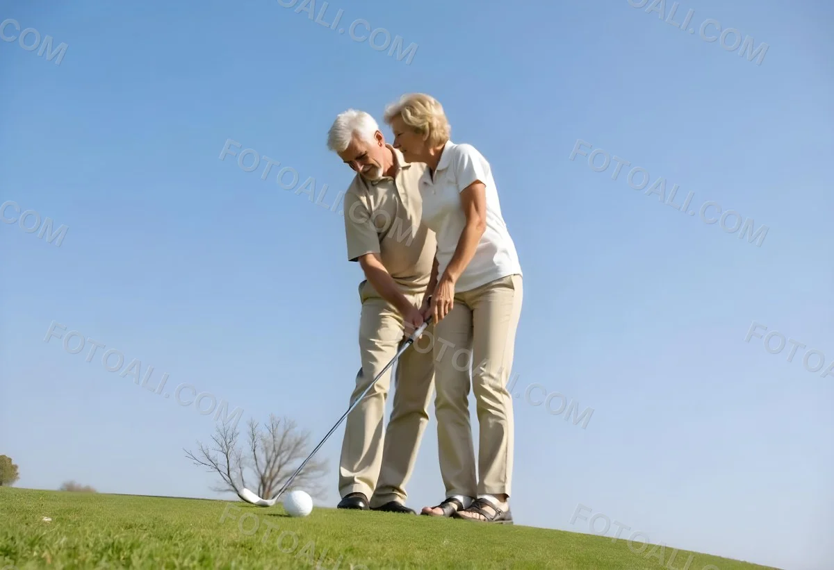An Elderly Caucasian Couple A Man And A Woman Standing On A Grassy Hill And Holding Golf Clubs 1 Ed9c