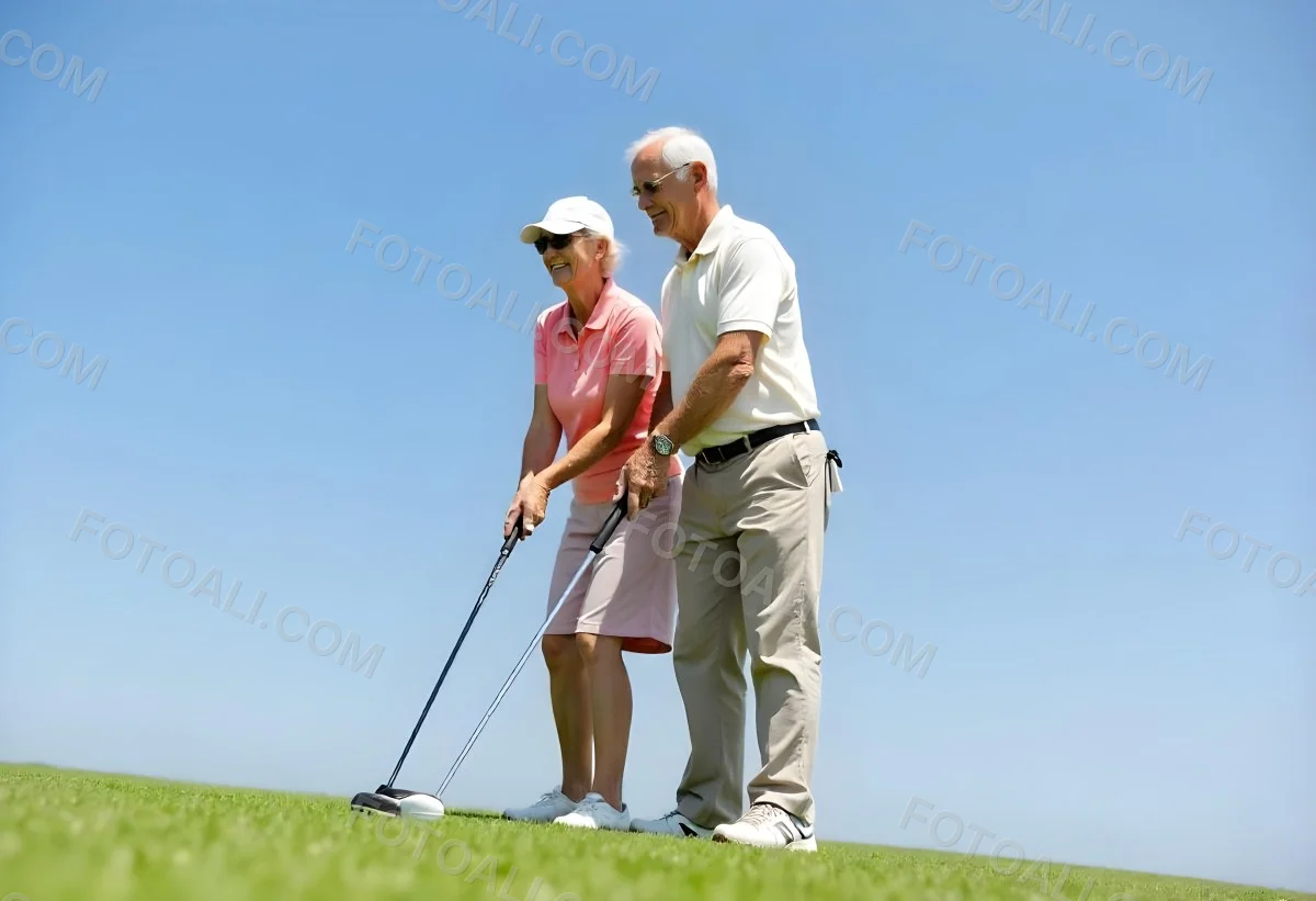 An Elderly Caucasian Couple A Man And A Woman Standing On A Grassy Hill And Holding Golf Clubs 2 6afe