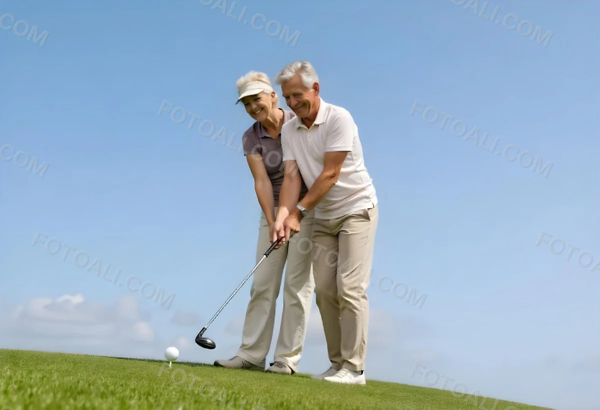An Elderly Caucasian Couple A Man And A Woman Standing On A Grassy Hill And Holding Golf Clubs 4 6daf