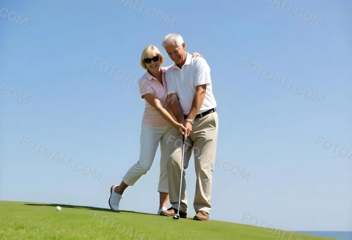 An Elderly Caucasian Couple A Man And A Woman Standing On A Grassy Hill And Holding Golf Clubs 5 4f59