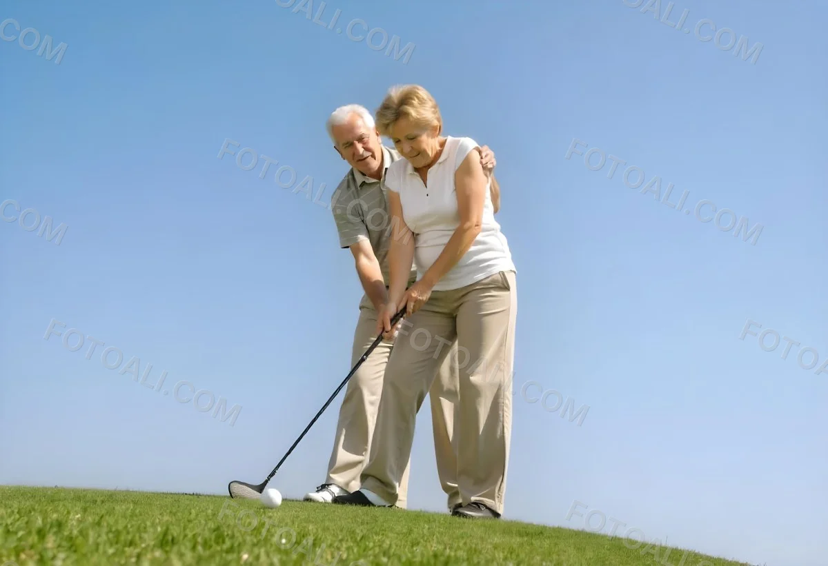 An Elderly Caucasian Couple A Man And A Woman Standing On A Grassy Hill And Holding Golf Clubs 6 82e1