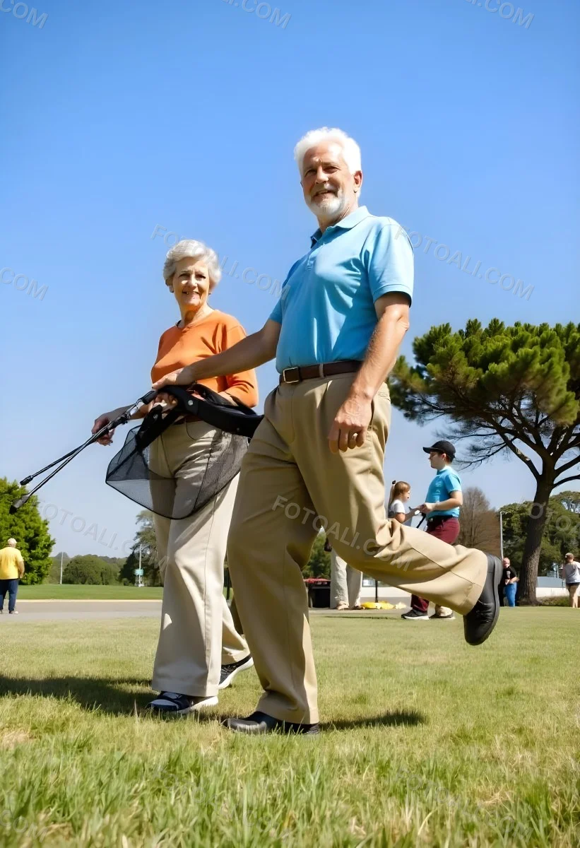 An Elderly Caucasian Couple A Man And A Woman Walking Together In A Grassy Field With Trees In The Background 1 2457
