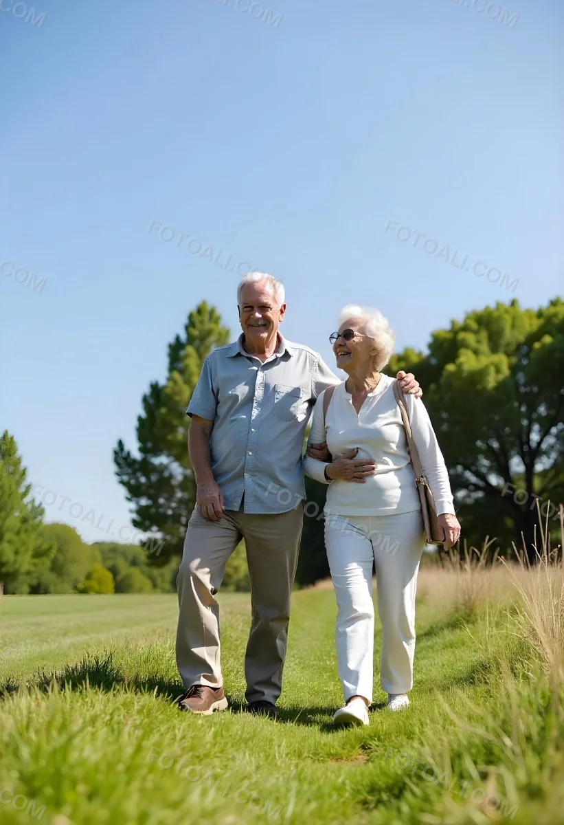 An Elderly Caucasian Couple A Man And A Woman Walking Together In A Grassy Field With Trees In The Background 2 04c7