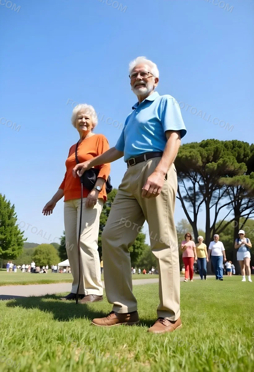 An Elderly Caucasian Couple A Man And A Woman Walking Together In A Grassy Field With Trees In The Background 3 258b