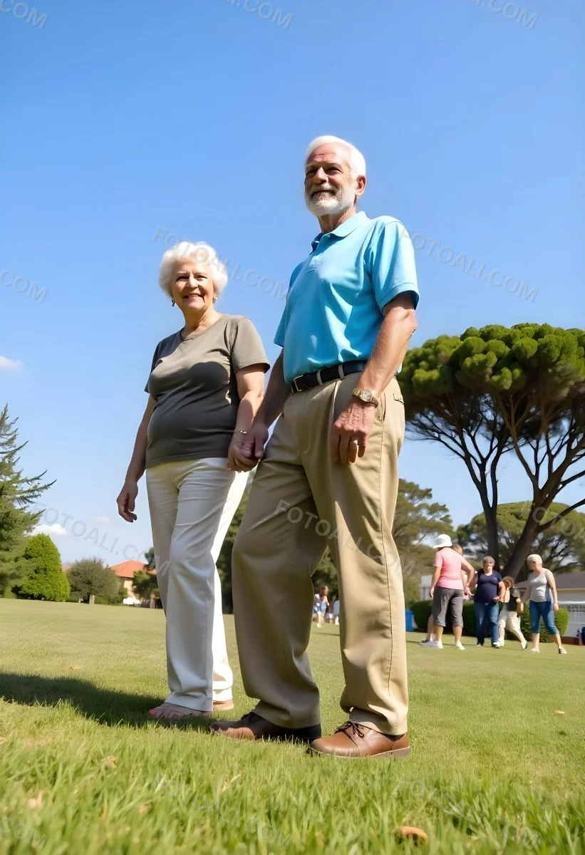 An Elderly Caucasian Couple A Man And A Woman Walking Together In A Grassy Field With Trees In The Background 4 7245