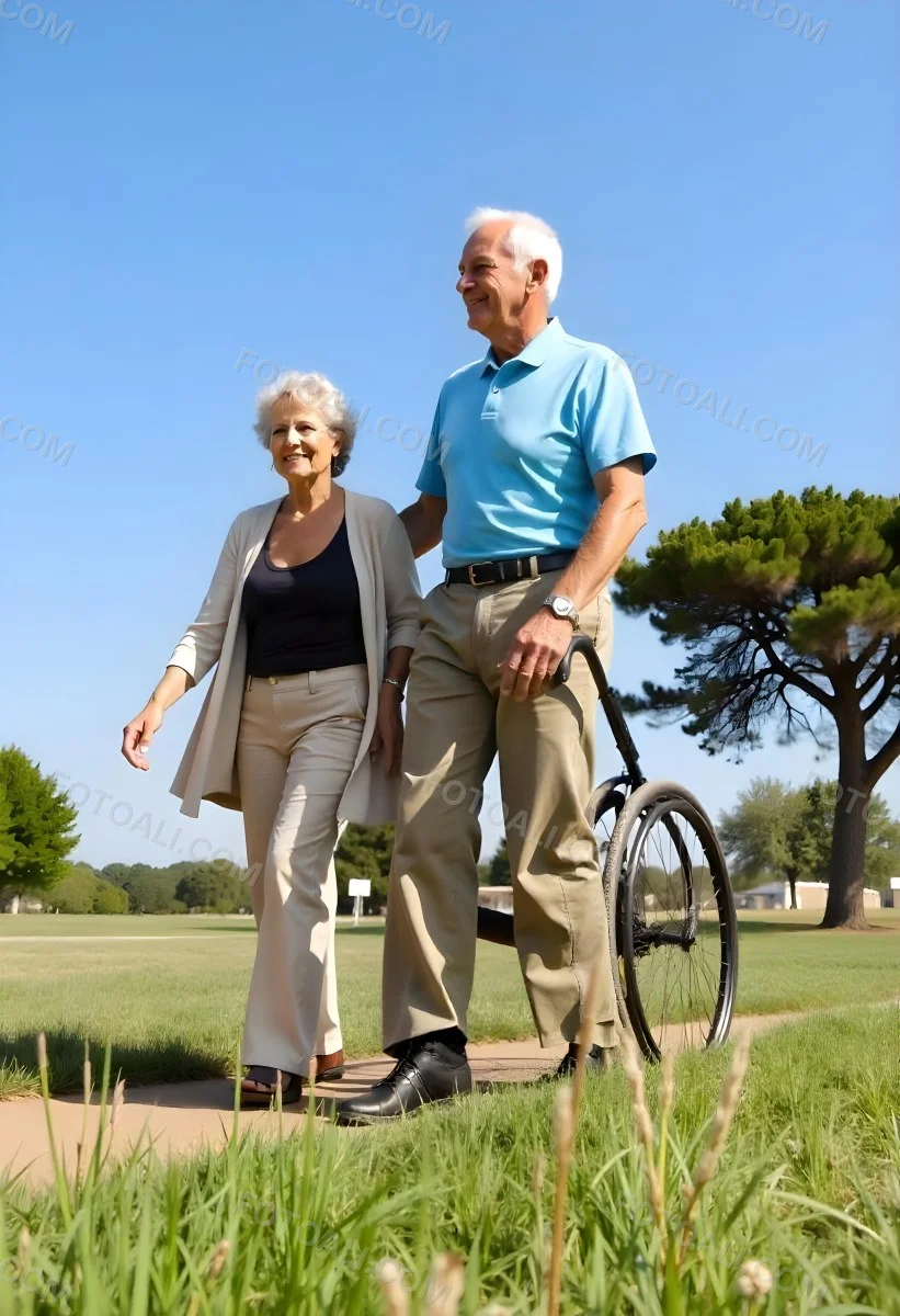 An Elderly Caucasian Couple A Man And A Woman Walking Together In A Grassy Field With Trees In The Background 6 Eb5c