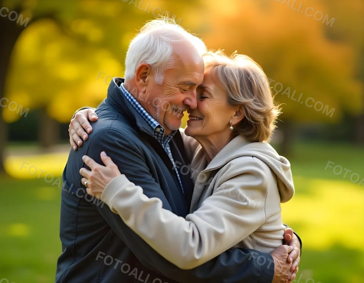 An Elderly Caucasian Couple Embracing And Smiling Affectionately The Woman With Short Gray Hair And The Man With Gray Hair And Glasses In A Warm Natural Setting 1 7a04