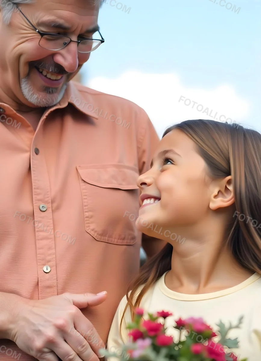 An Elderly Caucasian Man With A Long Gray Beard And A Younger Caucasian Woman With Long Dark Hair Smiling And Looking At Each Other In An Outdoor Setting 11 F297