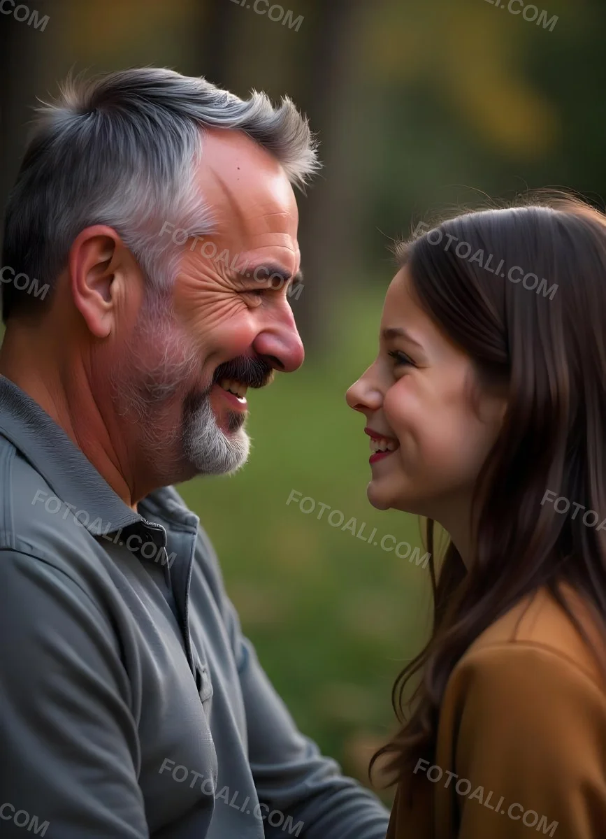 An Elderly Caucasian Man With A Long Gray Beard And A Younger Caucasian Woman With Long Dark Hair Smiling And Looking At Each Other In An Outdoor Setting 2 6a8f
