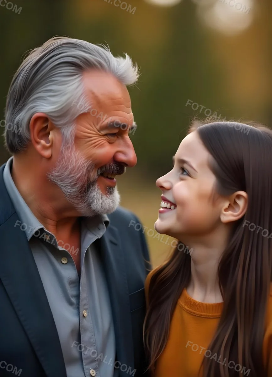 An Elderly Caucasian Man With A Long Gray Beard And A Younger Caucasian Woman With Long Dark Hair Smiling And Looking At Each Other In An Outdoor Setting 3 5687