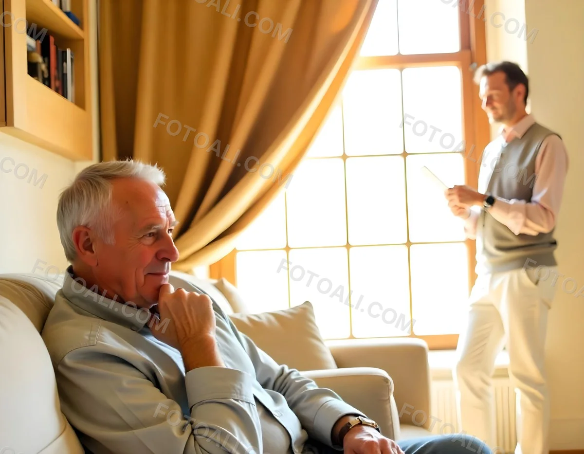 An Elderly Caucasian Man With Gray Hair And A Beard Wearing A Beige Sweater Sitting In A Chair In A Room With Another Person Visible In The Background 1 F3c1