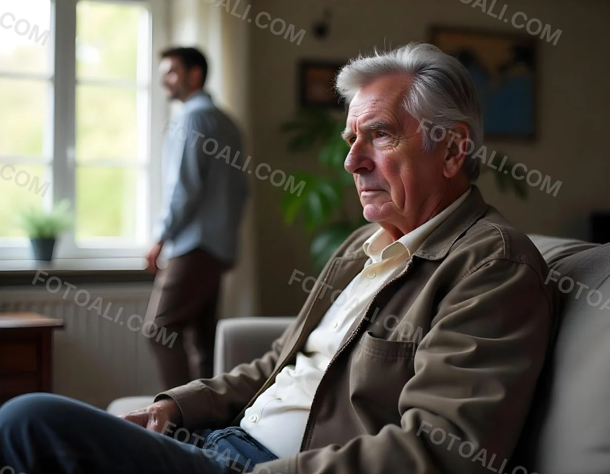 An Elderly Caucasian Man With Gray Hair And A Beard Wearing A Beige Sweater Sitting In A Chair In A Room With Another Person Visible In The Background 10 192b