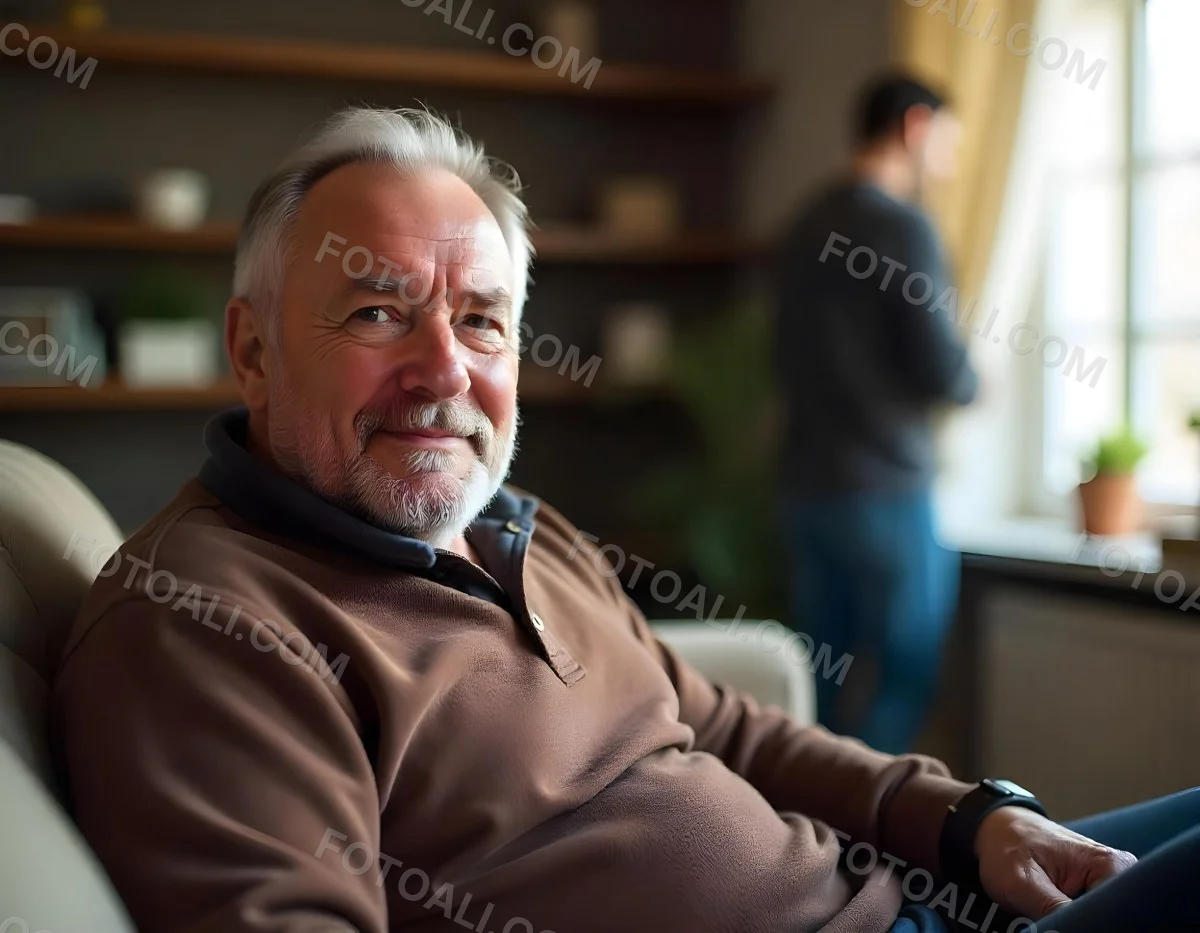 An Elderly Caucasian Man With Gray Hair And A Beard Wearing A Beige Sweater Sitting In A Chair In A Room With Another Person Visible In The Background 2 Bcce