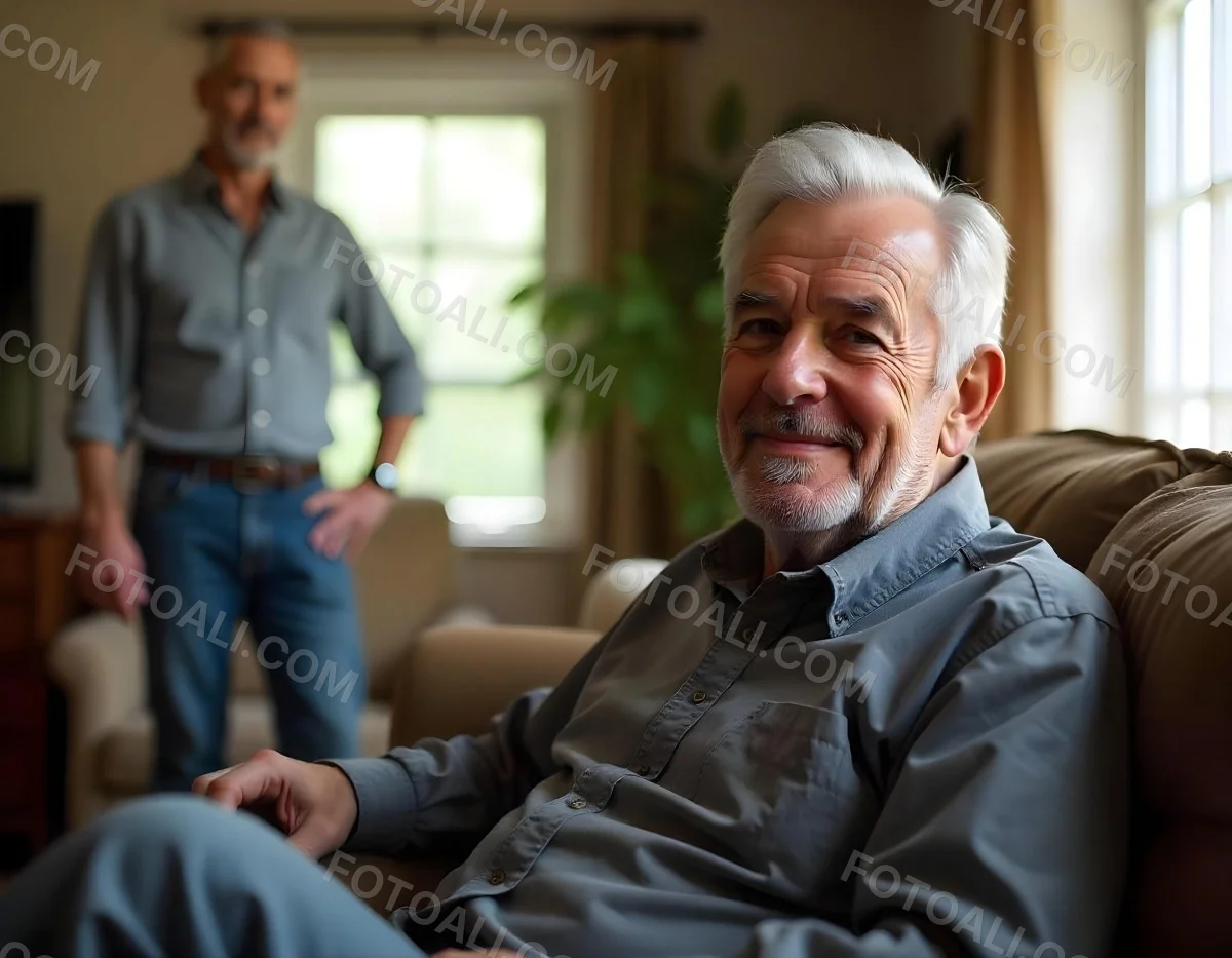 An Elderly Caucasian Man With Gray Hair And A Beard Wearing A Beige Sweater Sitting In A Chair In A Room With Another Person Visible In The Background 3 A4c6