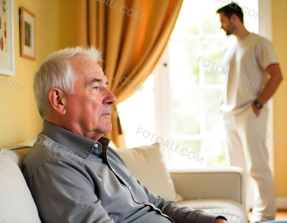 An Elderly Caucasian Man With Gray Hair And A Beard Wearing A Beige Sweater Sitting In A Chair In A Room With Another Person Visible In The Background 4 Fbfd