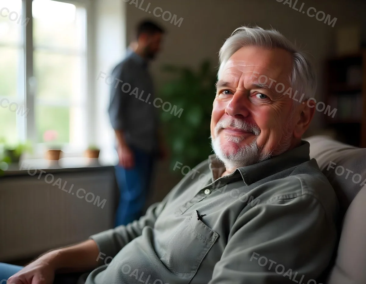 An Elderly Caucasian Man With Gray Hair And A Beard Wearing A Beige Sweater Sitting In A Chair In A Room With Another Person Visible In The Background 5 B1a8