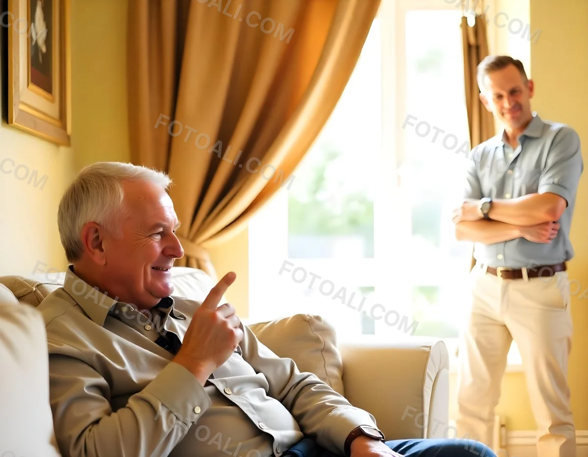 An Elderly Caucasian Man With Gray Hair And A Beard Wearing A Beige Sweater Sitting In A Chair In A Room With Another Person Visible In The Background 7 04db