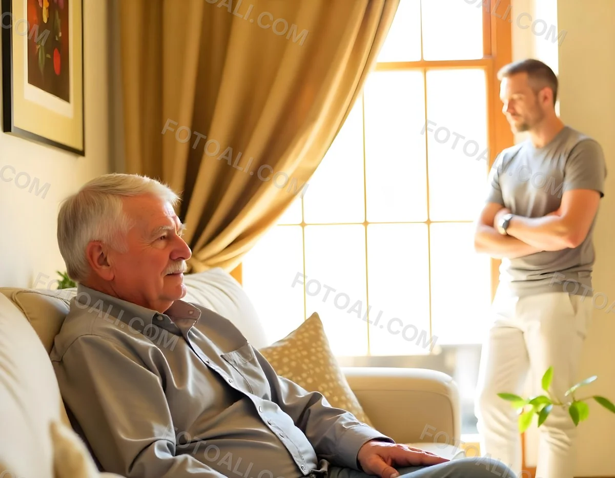 An Elderly Caucasian Man With Gray Hair And A Beard Wearing A Beige Sweater Sitting In A Chair In A Room With Another Person Visible In The Background 9 1995