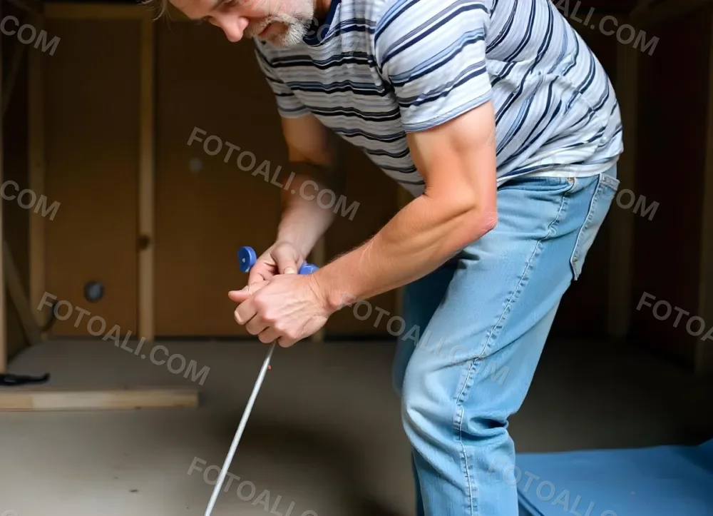 An Elderly Caucasian Man With Gray Hair And Glasses Wearing A Striped Shirt Sitting On A Wooden Floor And Working On A Construction Project 1 F07f