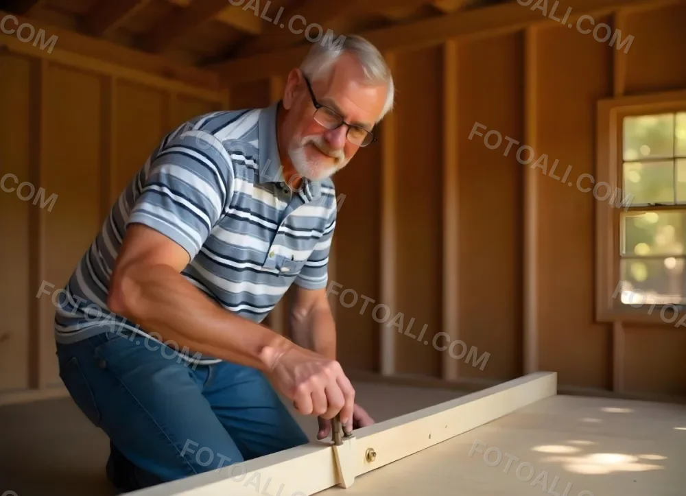 An Elderly Caucasian Man With Gray Hair And Glasses Wearing A Striped Shirt Sitting On A Wooden Floor And Working On A Construction Project 2 8c3c