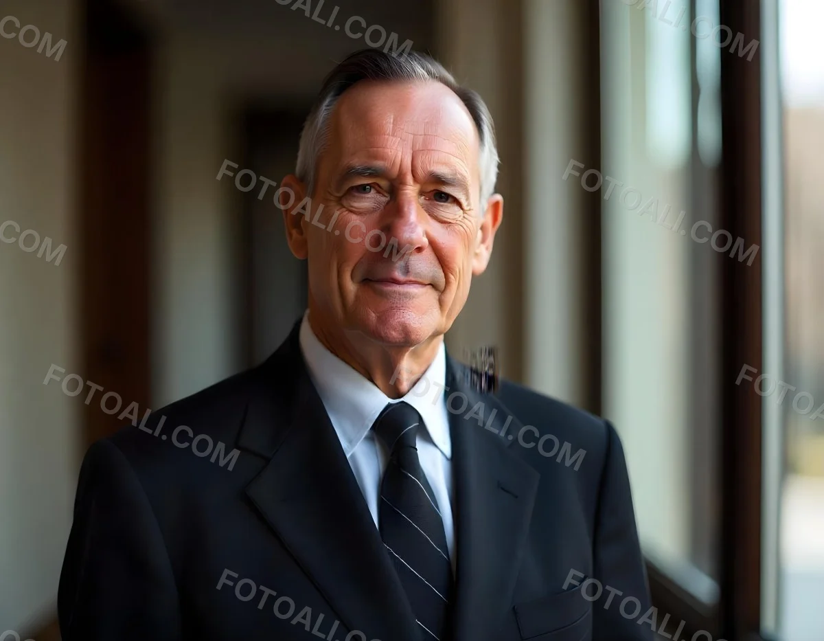 An Elderly Caucasian Man With Gray Hair Wearing A Dark Suit And Tie Standing In Front Of A Window 10 B616