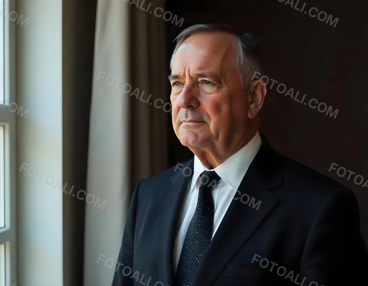 An Elderly Caucasian Man With Gray Hair Wearing A Dark Suit And Tie Standing In Front Of A Window 11 16e7