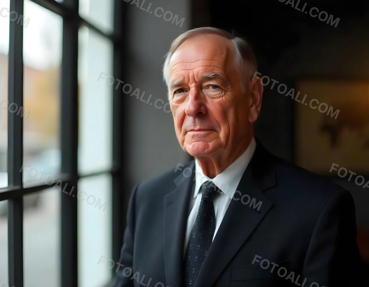 An Elderly Caucasian Man With Gray Hair Wearing A Dark Suit And Tie Standing In Front Of A Window 12 A712