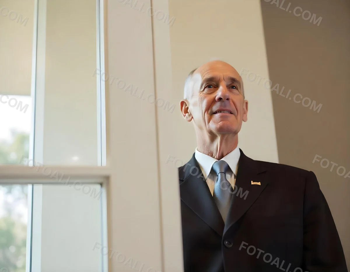 An Elderly Caucasian Man With Gray Hair Wearing A Dark Suit And Tie Standing In Front Of A Window 15 50c7