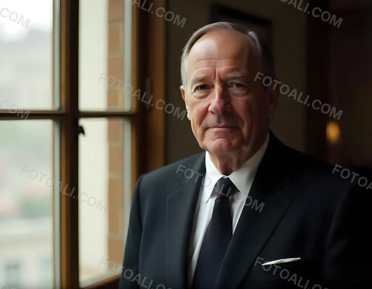 An Elderly Caucasian Man With Gray Hair Wearing A Dark Suit And Tie Standing In Front Of A Window 2 6214