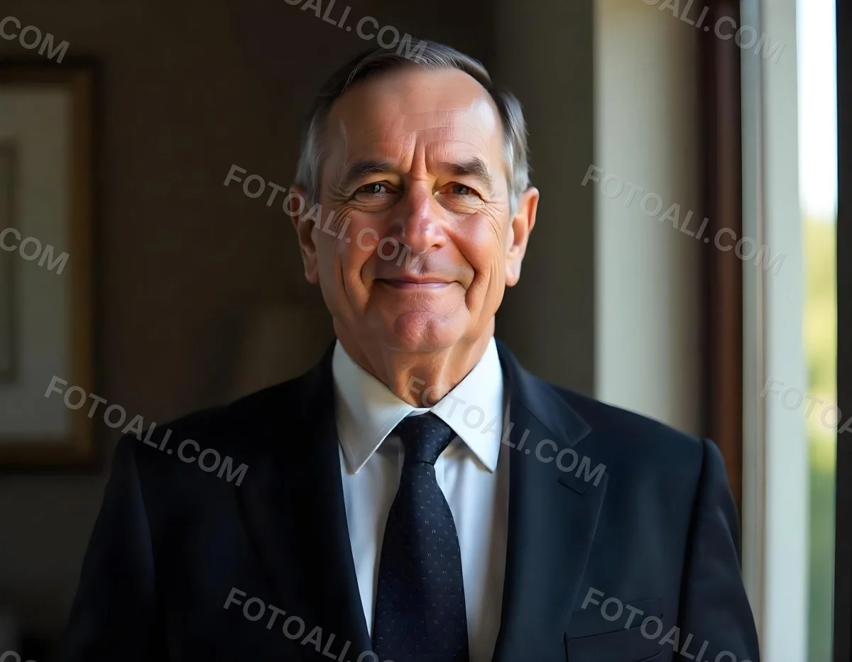 An Elderly Caucasian Man With Gray Hair Wearing A Dark Suit And Tie Standing In Front Of A Window 4 8298