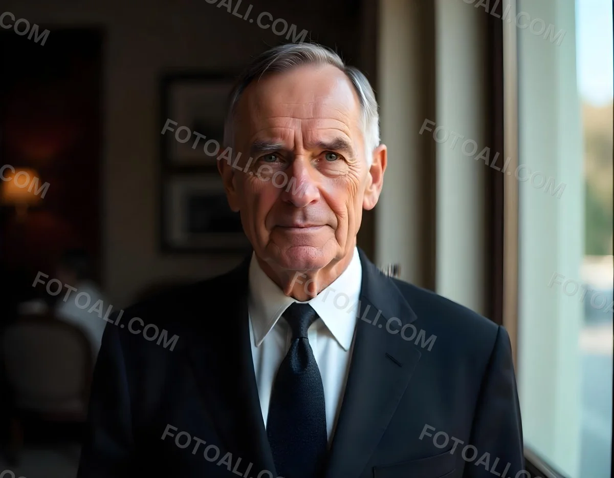 An Elderly Caucasian Man With Gray Hair Wearing A Dark Suit And Tie Standing In Front Of A Window 6 3a99