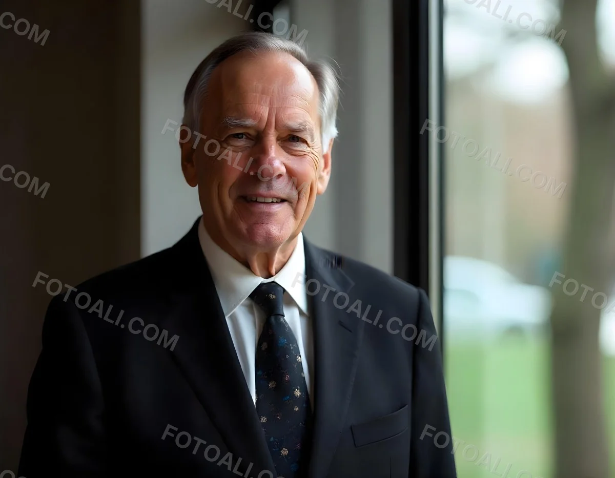 An Elderly Caucasian Man With Gray Hair Wearing A Dark Suit And Tie Standing In Front Of A Window 7 9346