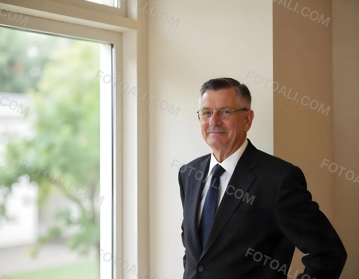 An Elderly Caucasian Man With Gray Hair Wearing A Dark Suit And Tie Standing In Front Of A Window 8 Cddd