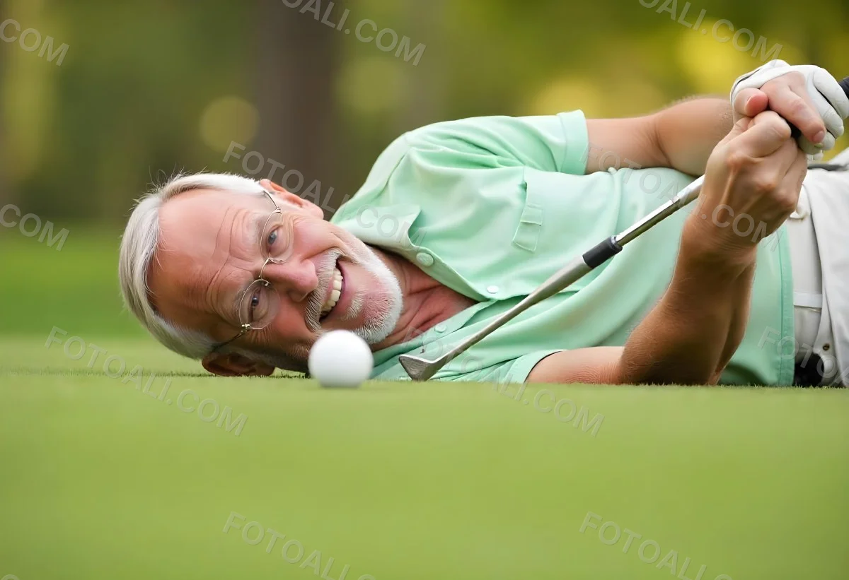 An Elderly Caucasian Man With Short Gray Hair And Glasses Wearing A Green Polo Shirt Lying On A Grassy Field And Smiling During The Day 2 69aa