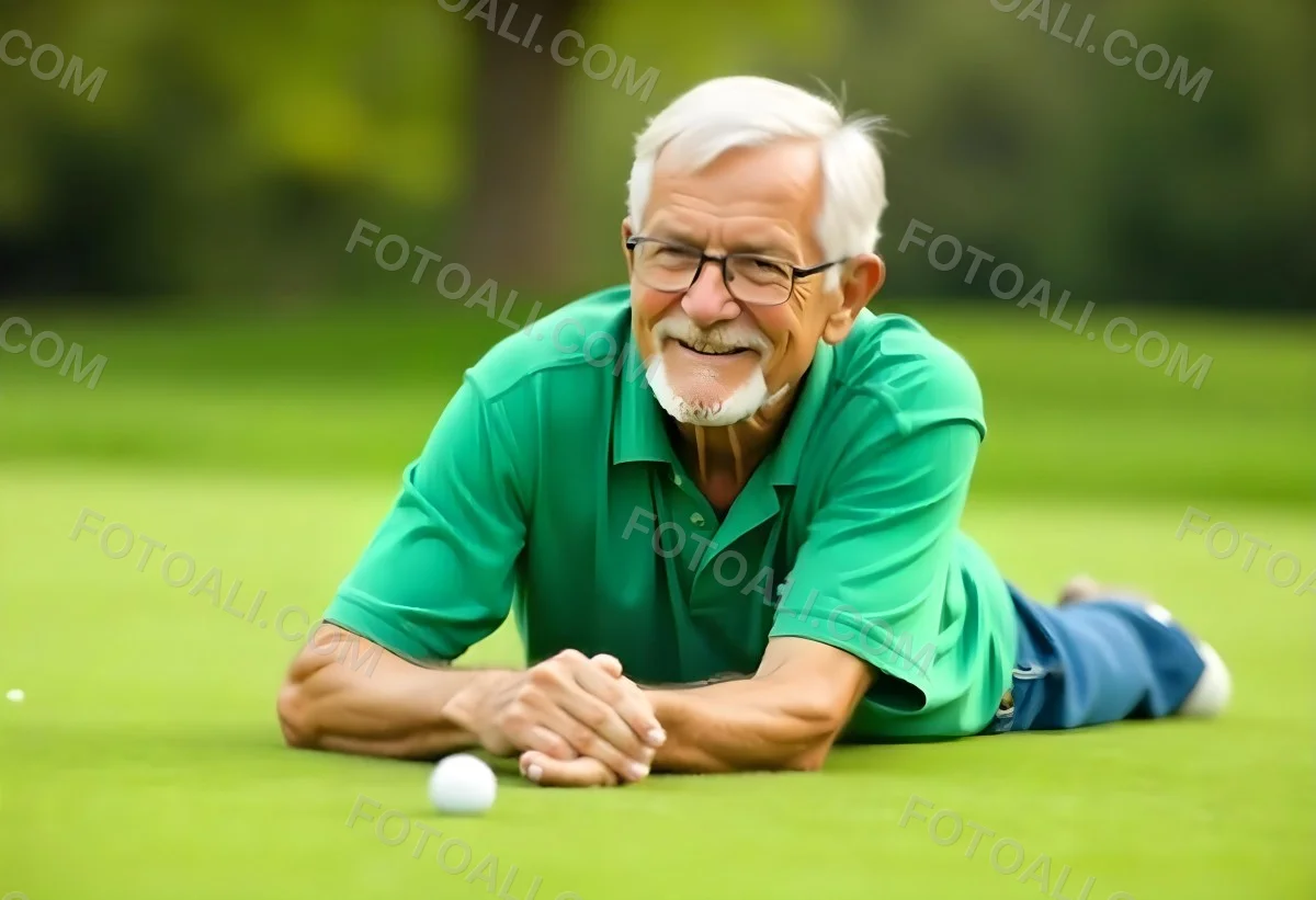An Elderly Caucasian Man With Short Gray Hair And Glasses Wearing A Green Polo Shirt Lying On A Grassy Field And Smiling During The Day 3 F24b